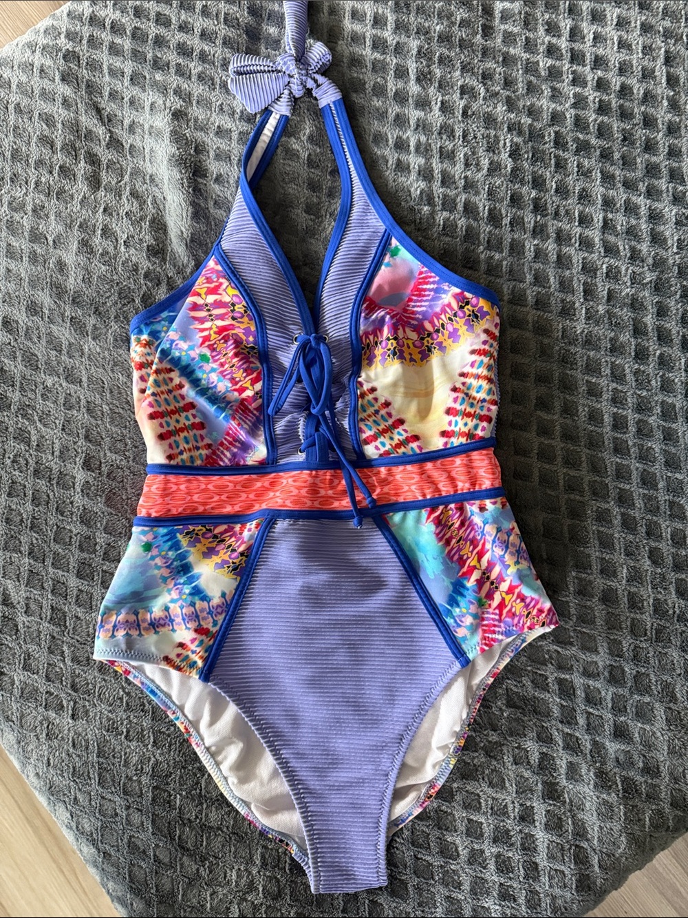 Girls' Purple Multicolor Halter One-Piece Swimsuit with Coral Waist